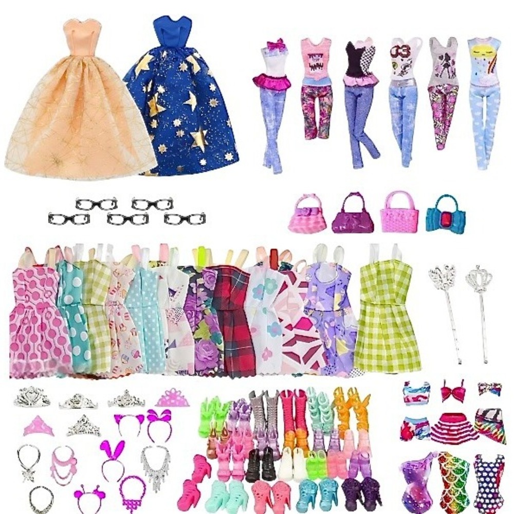 56 Piece Set Fashion Doll Clothing Barbie Style Outfits Accessories Dress Up Lot